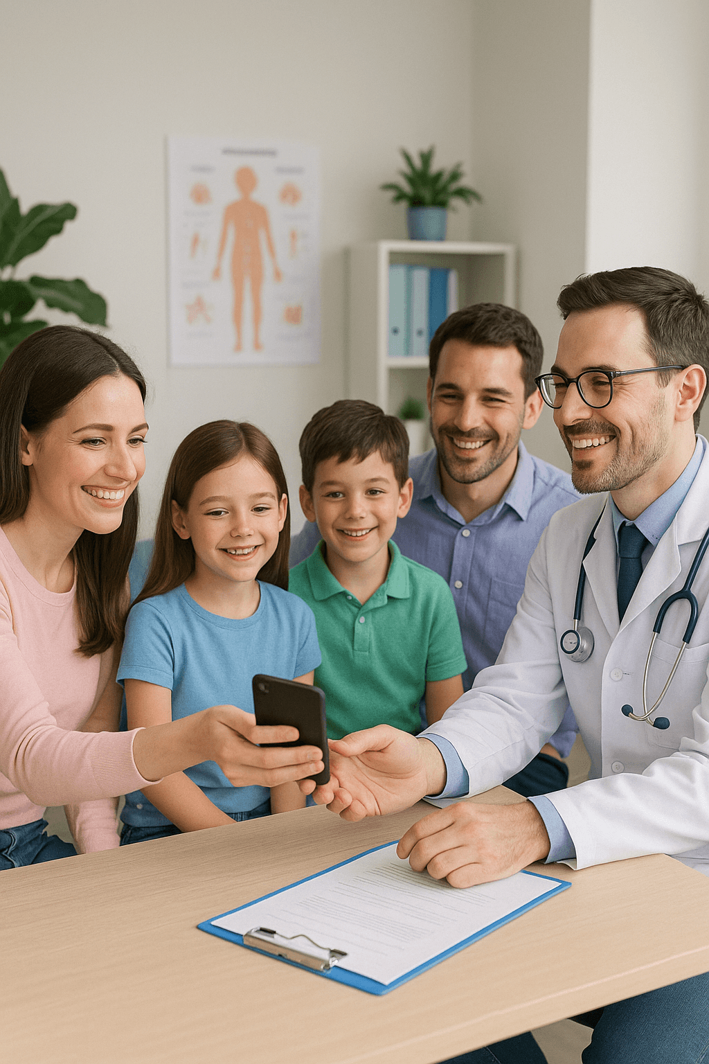 Profesional de la salud acompañando a una familia con tecnología cercana